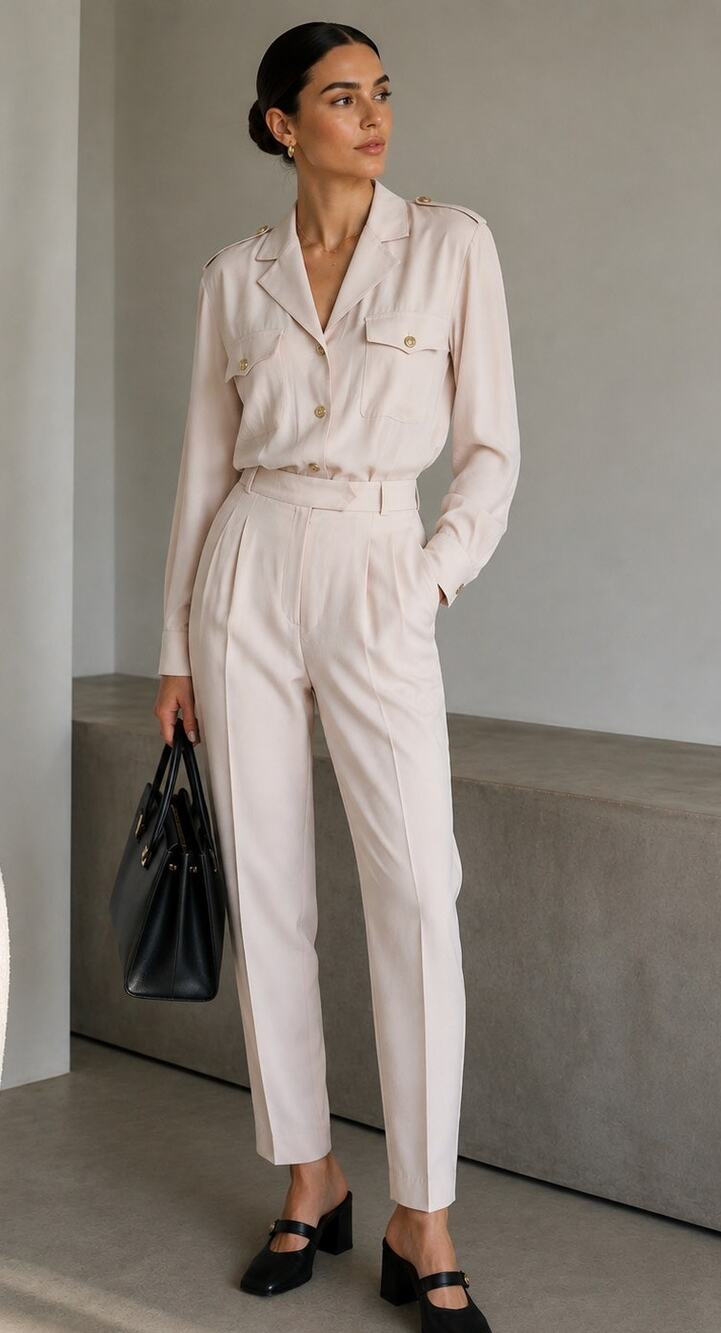 Vintage Starington 100% Silk 2 Pc Blush Pink Set Straight Leg Pants Blouse 10 12